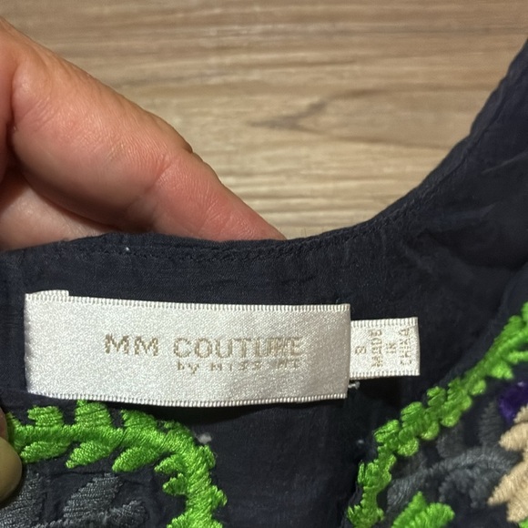 MM Couture embroidered Silk tunic Navy Women S Puff sleeves Round split neck - Picture 2 of 8